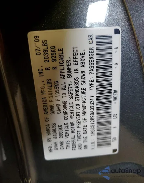 2009 Honda Accord Exl из США, поврежденный, VIN 1HGCS12899A023317